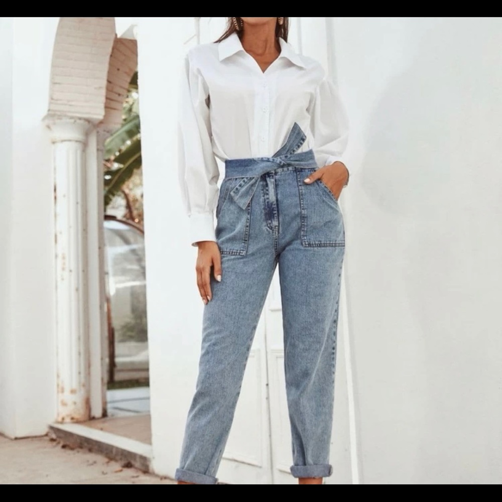 Shein high waisted pocket patched tie front mom jeans
